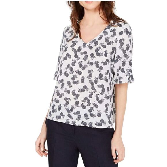 Nine West Women's Half Ruffle Bell Sleeve V-Neck Printed Blouse Large - Picture 1 of 10
